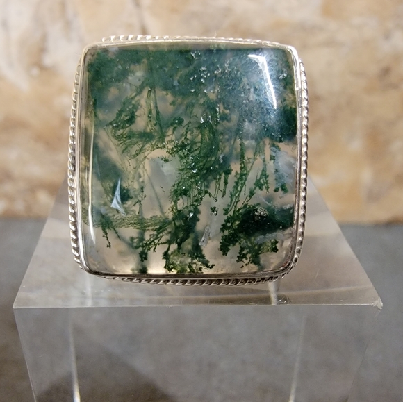 Vintage Jewelry - Native Moss Agate Stone Sterling Silver Ring 8.75 Raw Gemstone April BirthStone